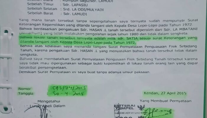 Begini Bentuk dan Isi Surat Pembatalan Alas Hak Tanah Warga Secara Sepihak yang Diduga Libatkan Oknum DPRD Kendari