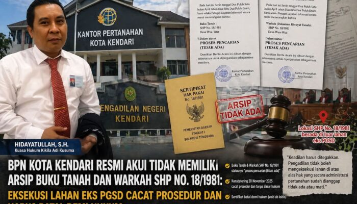 BPN Kendari Akui Tak Miliki Arsip SHP No. 18/1981, Eksekusi Lahan Eks PGSD Dipersoalkan